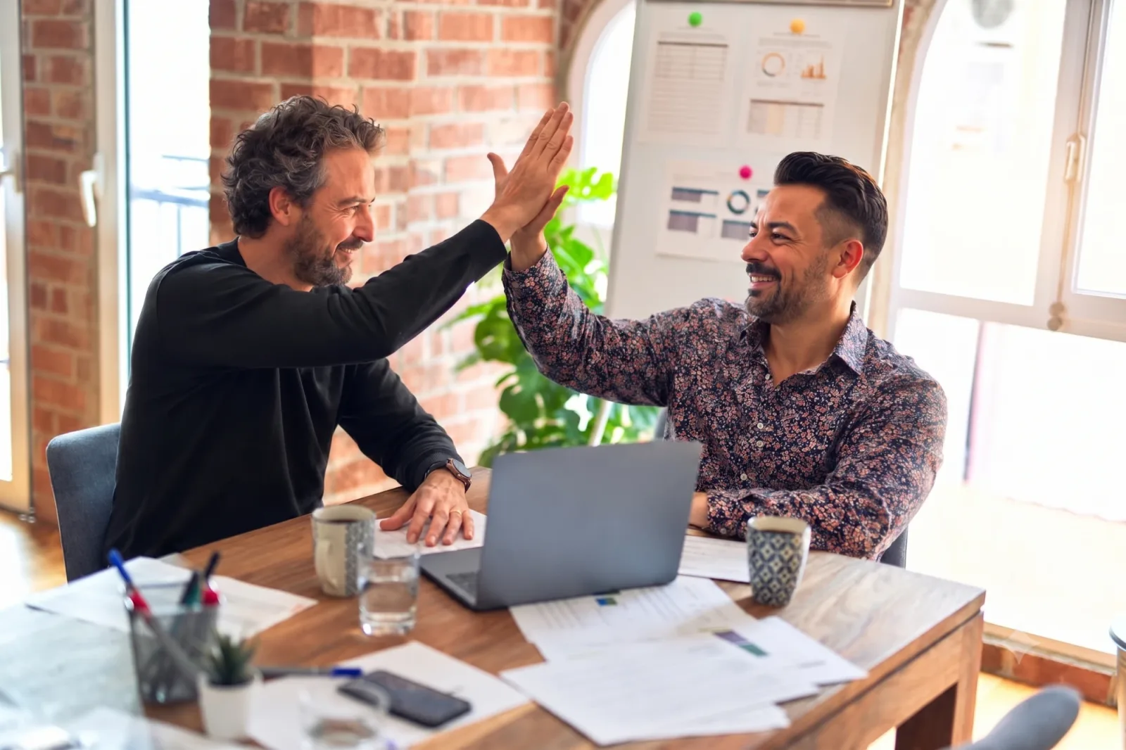 Ondernemers bekijken samen resultaten op een laptop